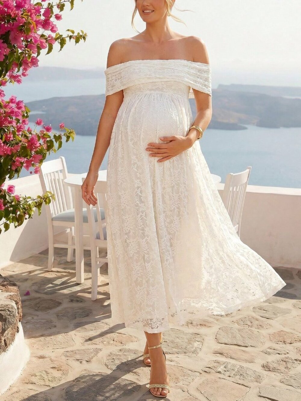 Elegant Women's Maternity Lace Patchwork Minimalist Off-Shoulder Dress